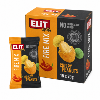 Elit Coated Peanuts Fire Mix 70g Box pack featuring crunchy peanuts with spicy seasoning.