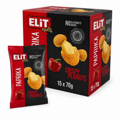 Elit Coated Peanuts Paprika 70g Box featuring crunchy coated peanuts and paprika seasoning.