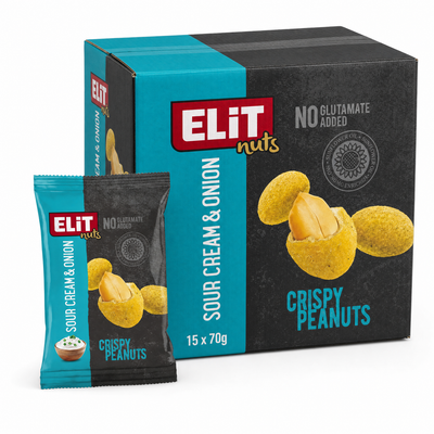 Elit Coated Peanuts Sour Cream & Onion 70g Box with individual packet and crunchy coated peanuts.