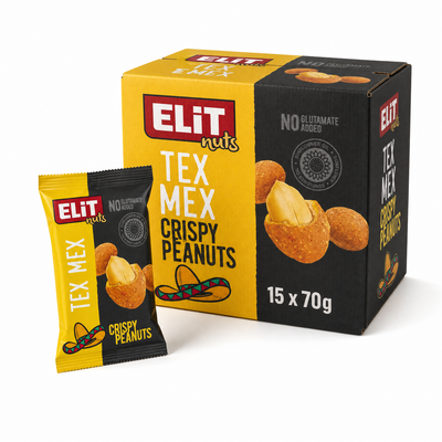 Elit Coated Peanuts Tex Mex 70g Box displayed with a bag and peanuts, offering bold Tex Mex flavor.
