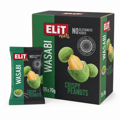 Elit Coated Peanuts Wasabi 70g Box packaging with crispy peas and wasabi flavor.
