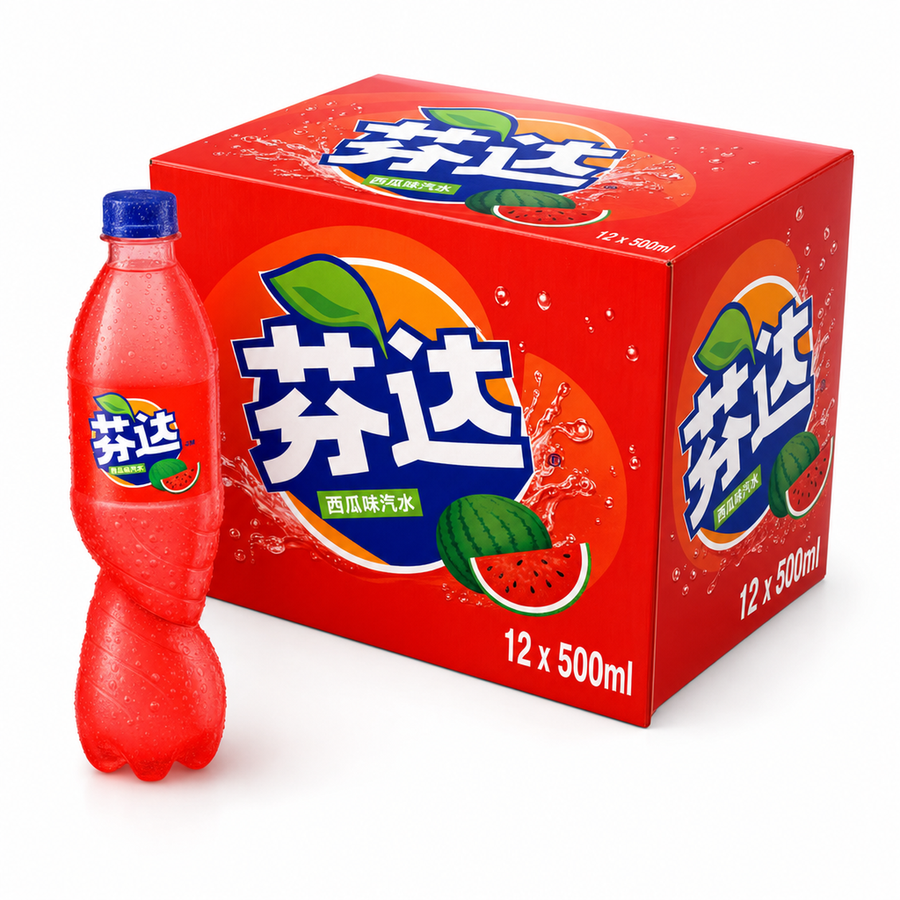 FANTA (Chinese) Watermelon Box featuring a 500ml bottle and a bulk pack of 12 sparkling watermelon soda.