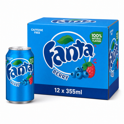 Fanta Berry 355ml USA Box with 12 cans, sweet mixed berry flavor, caffeine free, imported soda from USA.