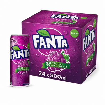 Fanta (Japan) Grape 500ml Box, featuring a vibrant grape soda can and box packaging, refreshing flavor from Japan.