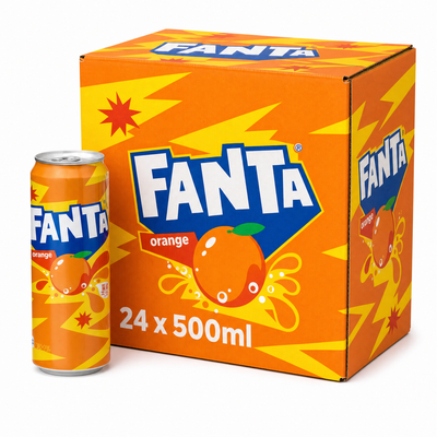 Fanta (Japan) Orange 500ml Box packaging with a can and 24 pack volume display.