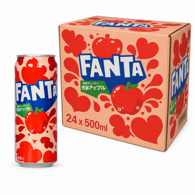 Fanta (Japan) Rich Apple 500ml Box featuring a bright design with a 500ml can and box packaging.