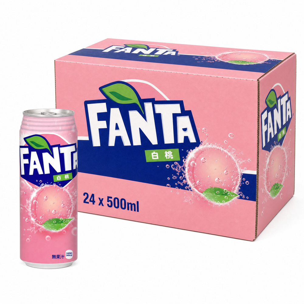 Fanta (Japan) White Peach 500ml Box featuring a can and box design with pink color and peach graphics.