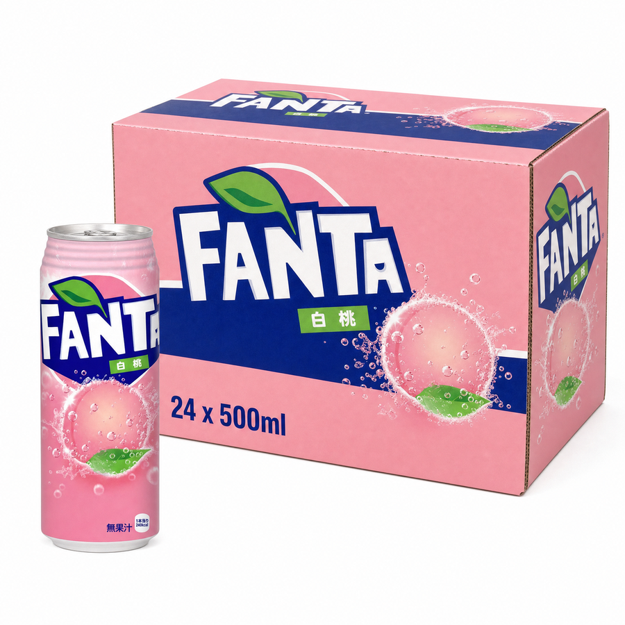 Fanta (Japan) White Peach 500ml Box featuring a can and box design with pink color and peach graphics.
