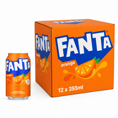 Fanta Orange 355ml USA Box featuring a 355ml can and a box of 12 cans.