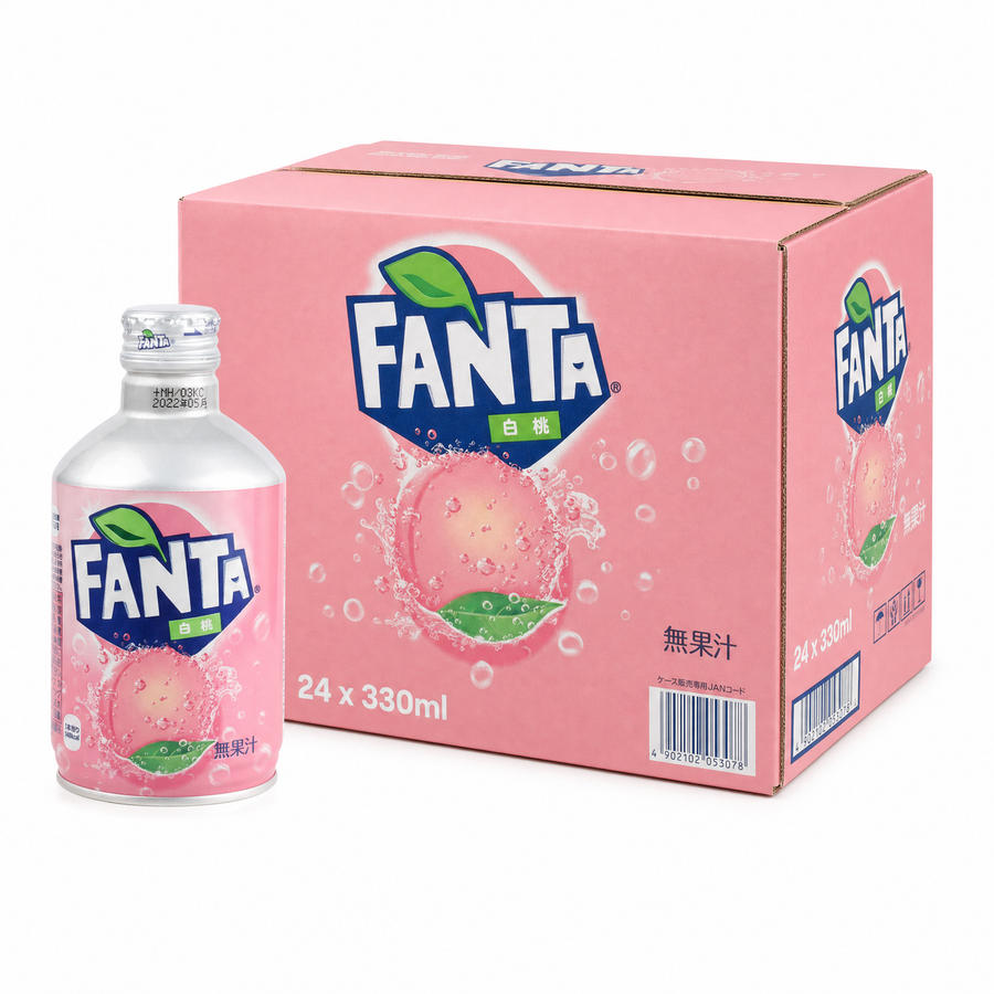 Fanta Peach 330ml Aluminium Bottle Box displayed with packaging and bottle, showcasing sweet peach flavor.