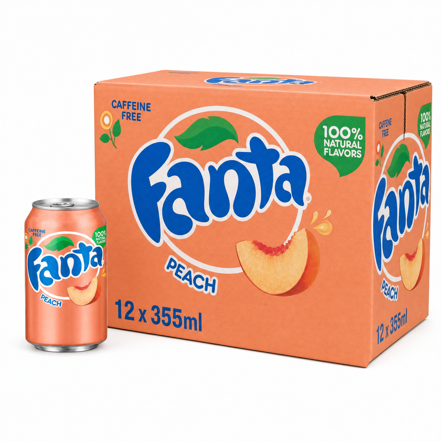 Fanta Peach 355ml USA Box featuring a 12-pack with a can and box design.