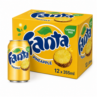 Fanta Pineapple 355ml USA Box, 12-pack sparkling soda with tropical pineapple flavor in bright packaging.