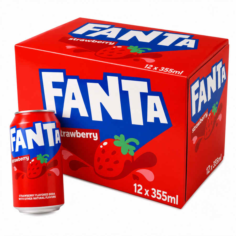 Fanta Strawberry 355ml USA Box - Pack of 12 vibrant strawberry-flavored sparkling sodas in 355ml cans.