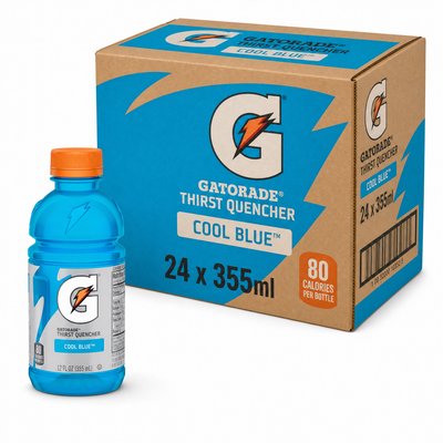 Gatorade 355ml Cool Blue Box with a single 355ml bottle and packaging, featuring Cool Blue flavor and electrolytes.