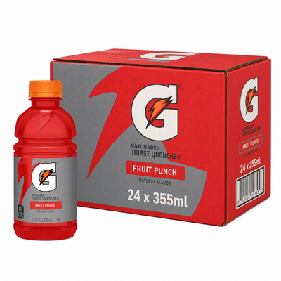 Gatorade 355ml Fruit Punch Box featuring a 355ml bottle and case of 24, bold mixed fruit punch for hydration.