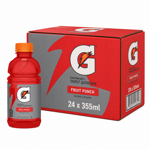 Gatorade 355ml Fruit Punch Box featuring a 355ml bottle and case of 24, bold mixed fruit punch for hydration.