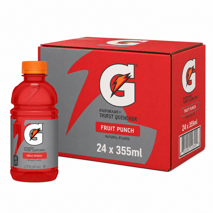 Gatorade 355ml Fruit Punch Box featuring a 355ml bottle and case of 24, bold mixed fruit punch for hydration.