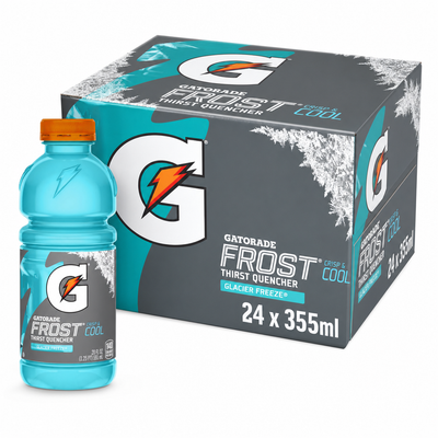 Gatorade 355ml Glacier Freeze Box, featuring a pack of 24 cans and a bottle of Glacier Freeze flavor.