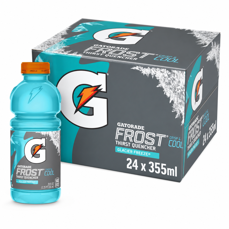 Gatorade 355ml Glacier Freeze Box, featuring a pack of 24 cans and a bottle of Glacier Freeze flavor.