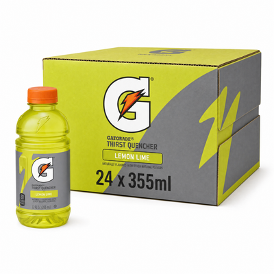 Gatorade 355ml Lemon Lime Box with 24 bottles of classic lemon lime flavor for hydration and energy.