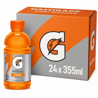 Gatorade 355ml Orange Box with an orange bottle and carton packaging, perfect for hydration.