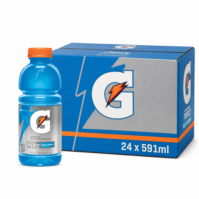 Gatorade Thirst Quencher 591ml Blue Cherry Box with bold blue cherry sports drink bottle.
