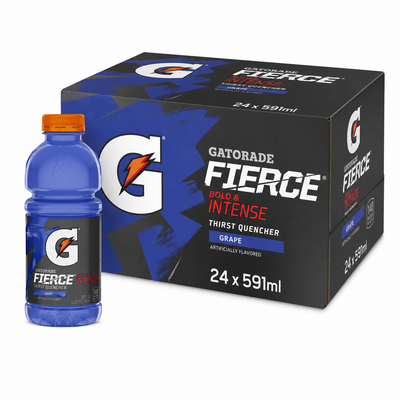 Gatorade Thirst Quencher 591ml Fierce Grape Box and bottle packaging featuring bold grape flavor.