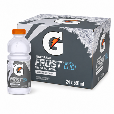 Gatorade Thirst Quencher 591ml Frost Glacier Cherry Box with bottle and packaging.
