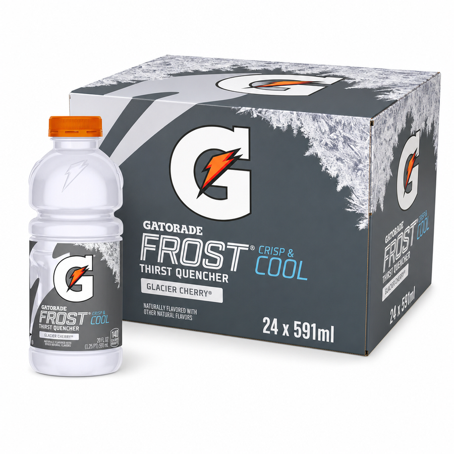 Gatorade Thirst Quencher 591ml Frost Glacier Cherry Box with bottle and packaging.