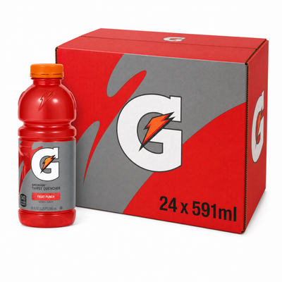 Gatorade Thirst Quencher 591ml Fruit Punch Box with bold fruit punch flavor, ideal for hydration during workouts.