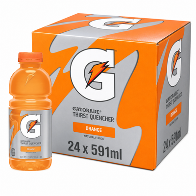 Gatorade Thirst Quencher 591ml Orange Box packaging with 24 bottles of bold orange flavored beverage.