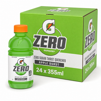 Gatorade Zero 355ml Apple Burst Box featuring 24 cans of zero sugar thirst quencher in apple burst flavor.