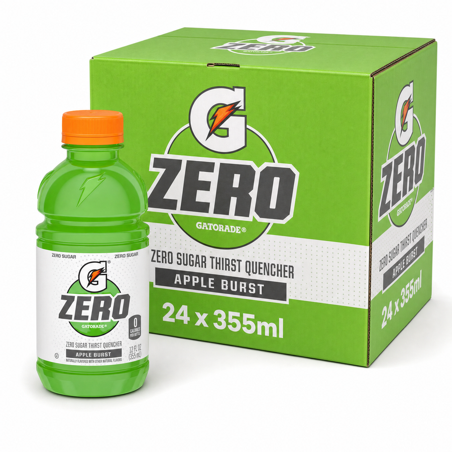 Gatorade Zero 355ml Apple Burst Box featuring 24 cans of zero sugar thirst quencher in apple burst flavor.