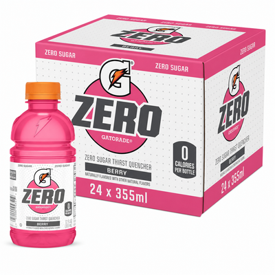 Gatorade Zero 355ml Berry Box with mixed berry flavor and zero sugar in a 24-pack.