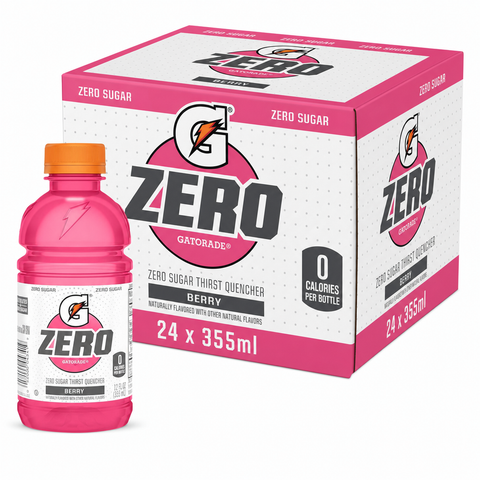 Gatorade Zero 355ml Berry Box with mixed berry flavor and zero sugar in a 24-pack.
