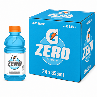 Gatorade Zero 355ml Cool Blue Box featuring 24 cans of zero sugar berry-flavored sports drink.