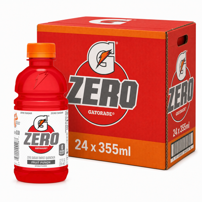 Gatorade Zero 355ml Fruit Punch Box with a bottle and box packaging, displaying zero sugar hydration.
