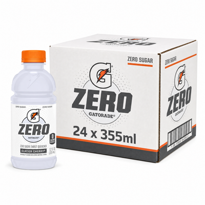 Gatorade Zero 355ml Glacier Cherry Box featuring a bottle and packaging for zero sugar hydration.