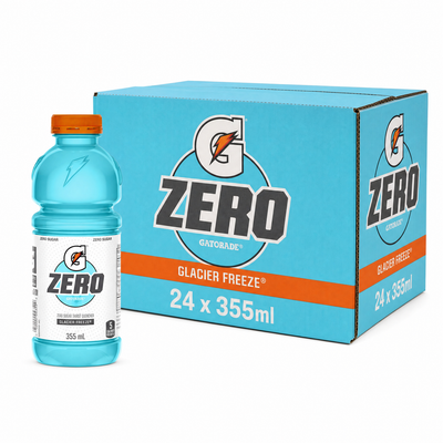 Gatorade Zero 355ml Glacier Freeze Box with a bottle and box showing cool, icy mixed berry flavor.