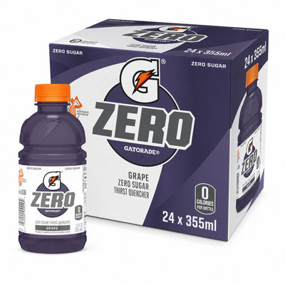 Gatorade Zero 355ml Grape Box with bold grape flavor, zero sugar, and electrolytes, perfect for hydration.