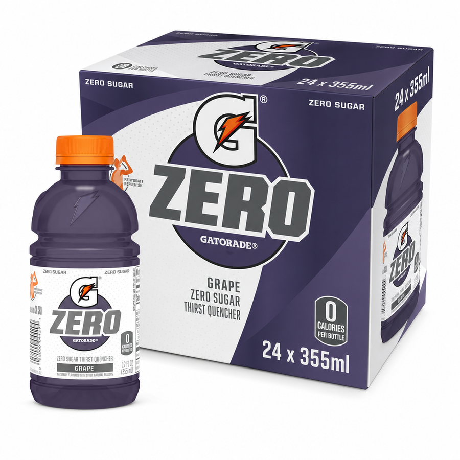Gatorade Zero 355ml Grape Box with bold grape flavor, zero sugar, and electrolytes, perfect for hydration.