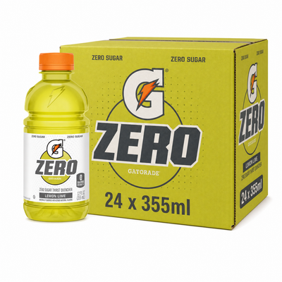 Gatorade Zero 355ml Lemon Lime Box with lemon lime bottle and packaging, zero sugar, 24-pack.