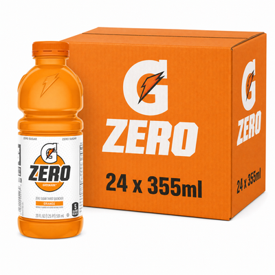 Gatorade Zero 355ml Orange Box with bold orange flavor, zero sugar, and full electrolytes, perfect for hydration.