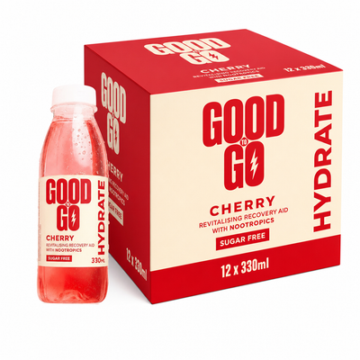 Good To Go Hydrating Water (330ml) Cherry Box with cherry flavor and electrolytes for hydration.