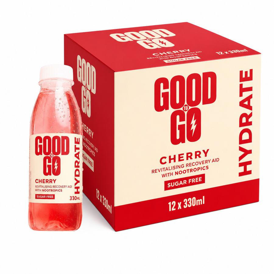 Good To Go Hydrating Water (330ml) Cherry Box with cherry flavor and electrolytes for hydration.