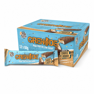 Grenade Protein Bar 60g Chocolate Chip Cookie Dough Box with protein bars displayed.