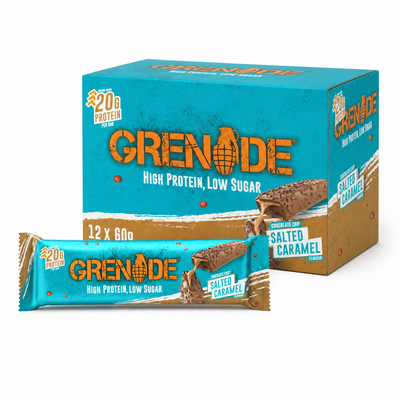 Grenade Protein Bar 60g Chocolate Chip Salted Caramel Box with protein bar and packaging