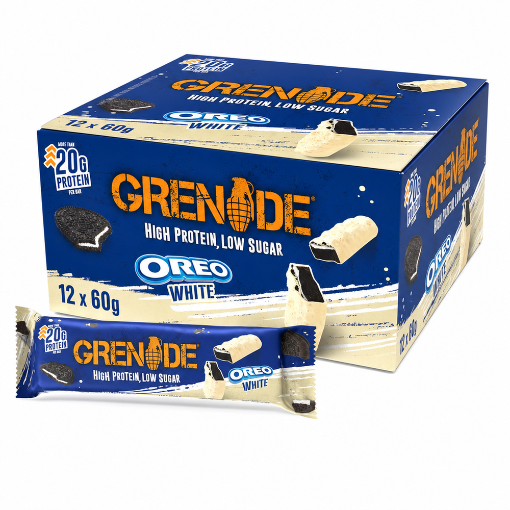 Grenade Protein Bar 60g Oreo White Box with white chocolate and Oreo cookie pieces, 12 bars packaging.