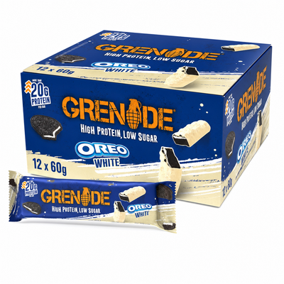 Grenade Protein Bar 60g Oreo White Box with white chocolate and Oreo cookie pieces, 12 bars packaging.