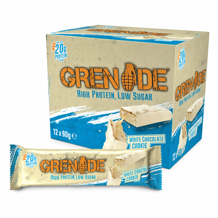 Grenade Protein Bar 60g White Chocolate Cookie Box showcasing a creamy white chocolate and cookie-flavored protein bar.